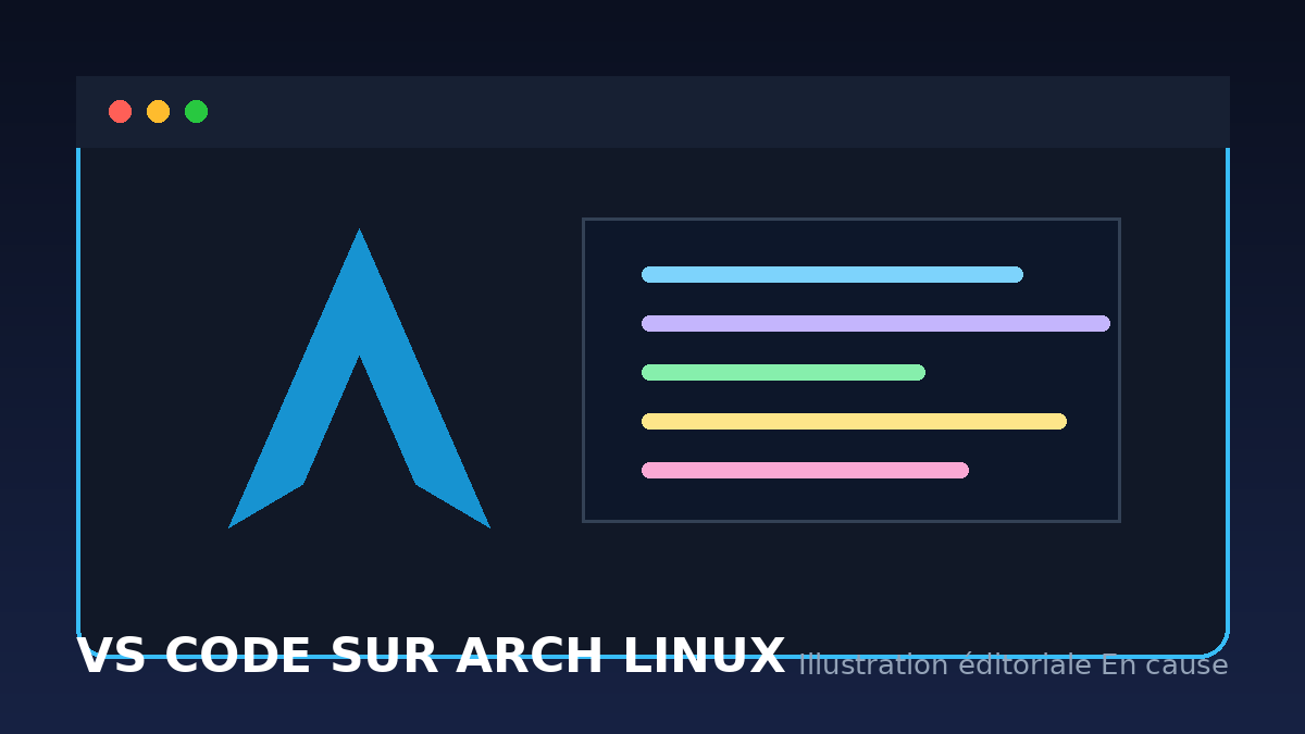 Éditeur de code et symbole Arch Linux illustrant l’installation de Visual Studio Code
